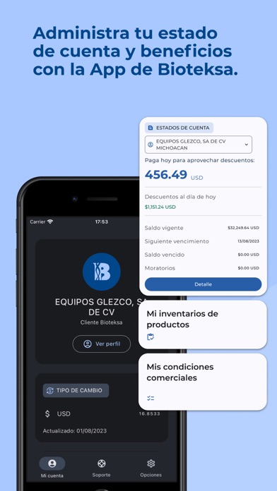 Resumen de cuenta, inventario y condiciones comerciales en Bioteksa App