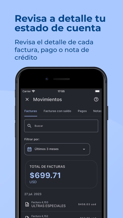 Detalle de facturas, pagos y notas de crédito en Bioteksa App