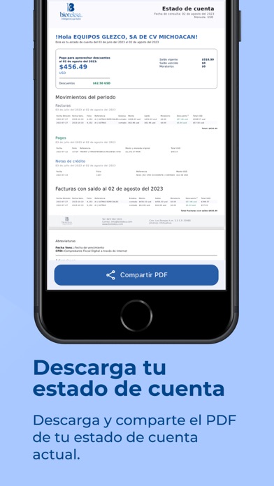 Estado de cuenta descargable y compartible en PDF desde Bioteksa App
